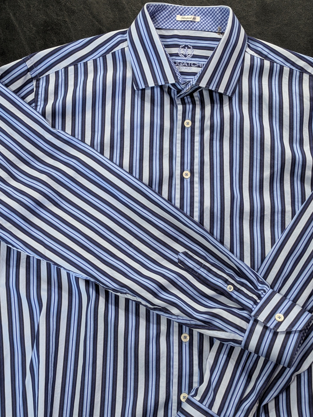 Bugatchi Uomo Mens XXL Blue Striped Dress Shirt Contrast Cuffs Shaped Fit